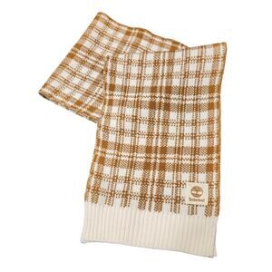 Timberland Scarf Buffalo Plaid Tan And Off White Logo Ribbed Trim 9.5" x 48"